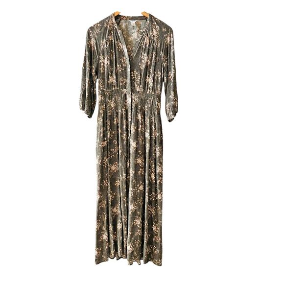 Caslon Floral Print Button Up Smacked Waist Maxi Dress Size XS Gray Cream - Picture 2 of 8